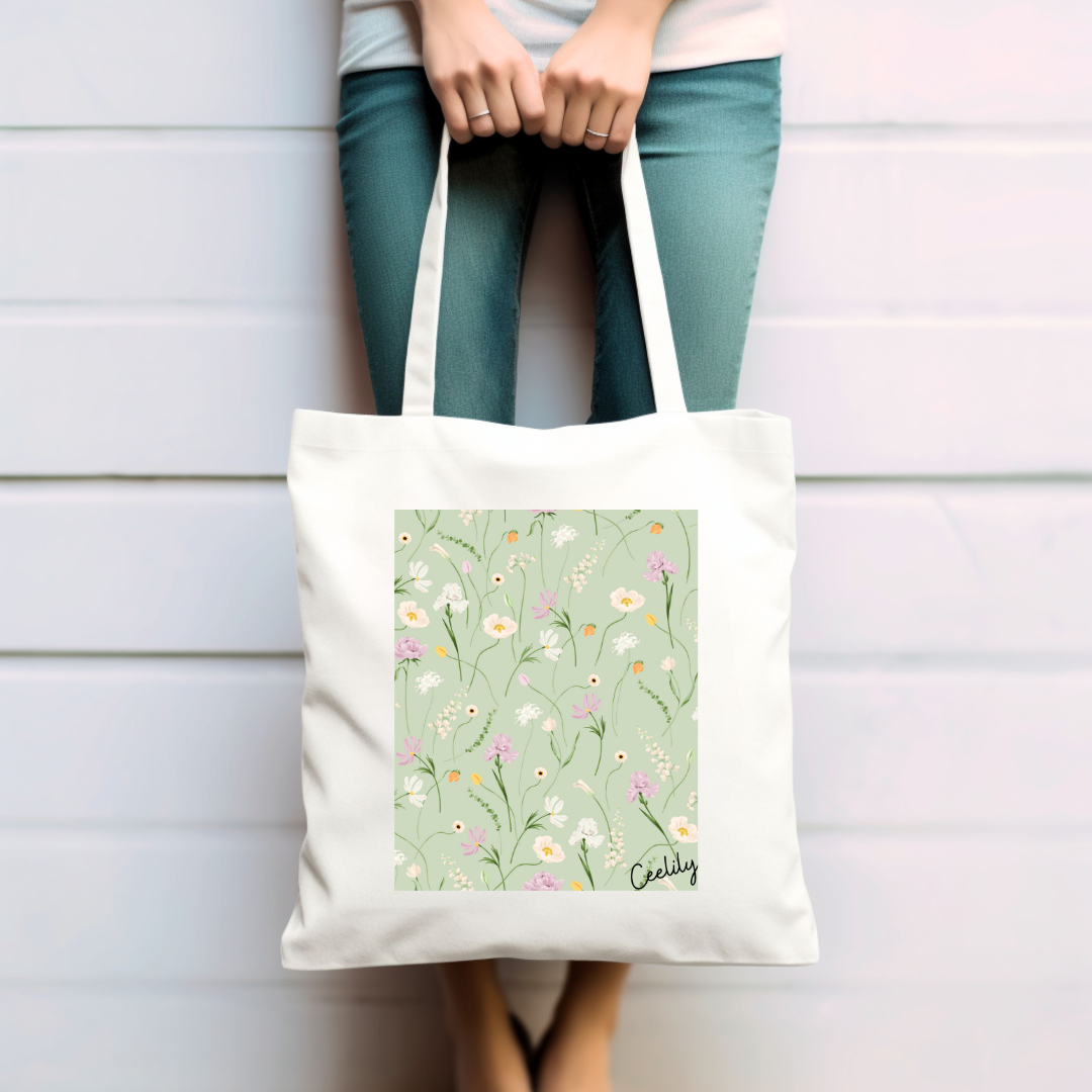 Green daisy tote bag