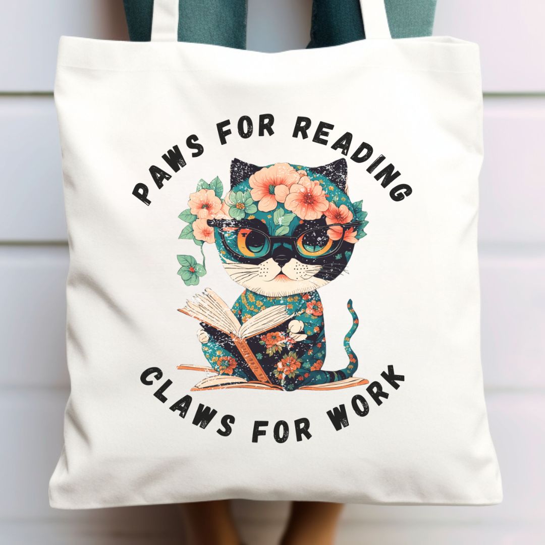 Cat lover bookish tote bag